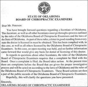 Letter from Oklahoma State Board of Chiropractic Examiners